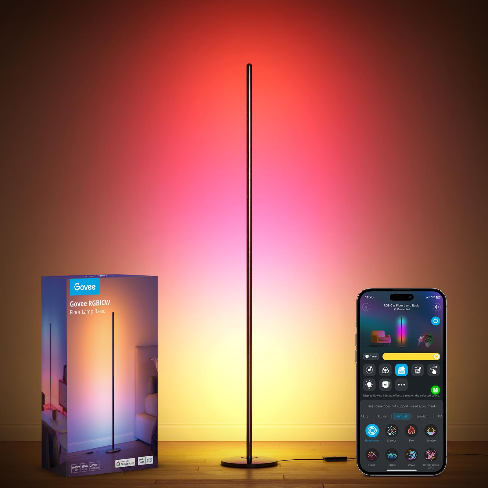 Govee RGBIC Stehlampe Basic, LED Ecklampe kompatibel mit Alexa, 1000 Lumen smarte moderne Stehleuchte mit Musiksynchronisation und 16 Millionen DIY Farben, Farbwechsel Stehleuchte für Schlafzimmer Wohnzimmer Schwarz