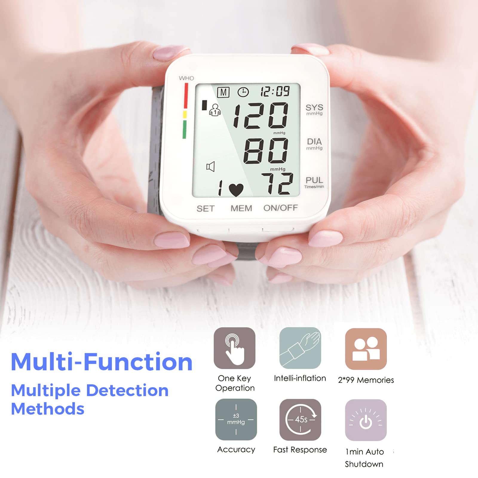 MMIZOO Wrist Blood Pressure Monitor Large LCD Display BP Machine Adjustable Cuff 5.31-7.68 inch Automatic 99x2 Sets Memory with Carrying Case for Home Use (W1681)