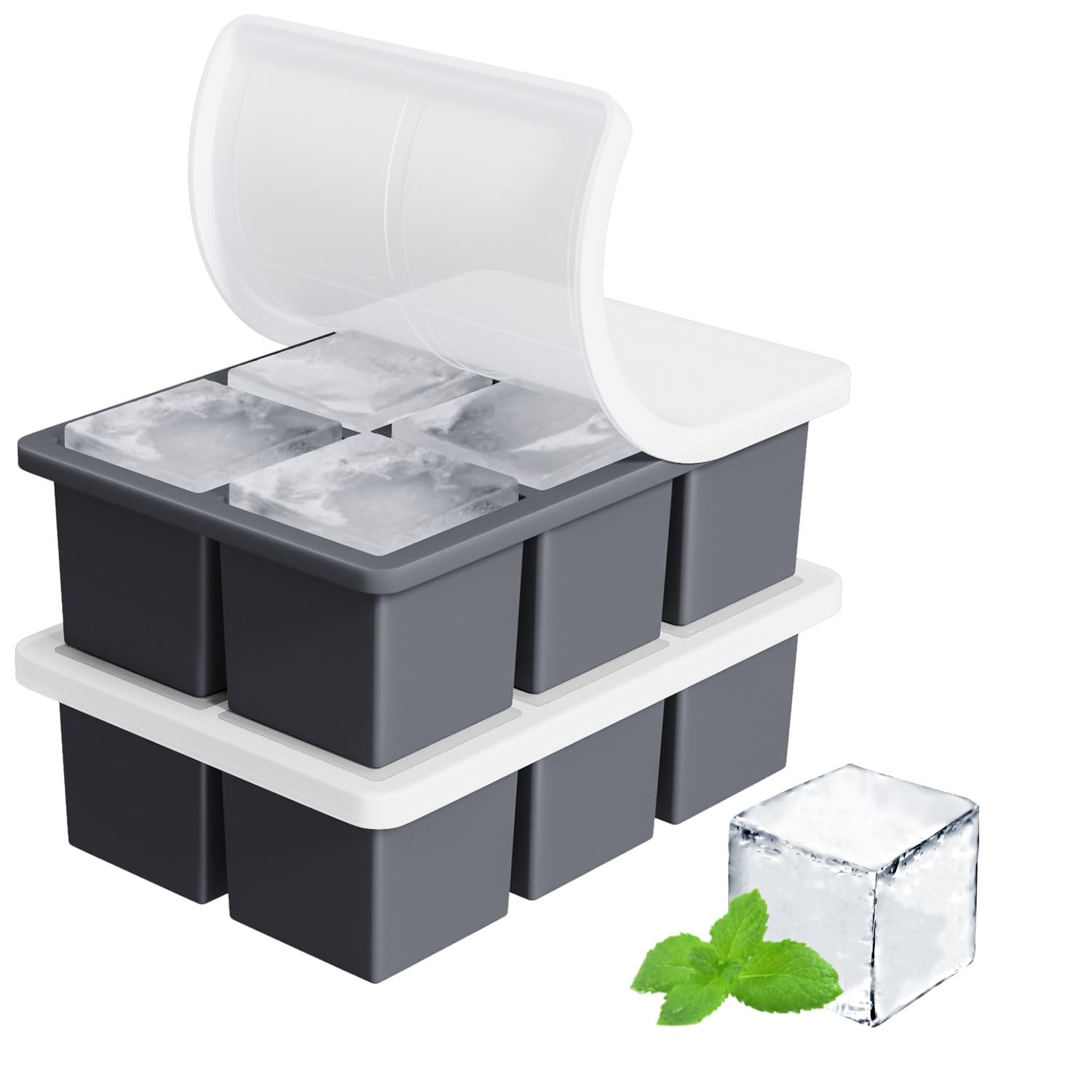 Large Ice Cube Tray for Whiskey: FDDBI Silicone Ice Cube Trays with Lid - 2Pack Big Square Old Fashioned Ice Cube Maker for Cocktail - 2inch Huge Cubed Ice Trays for Whisky