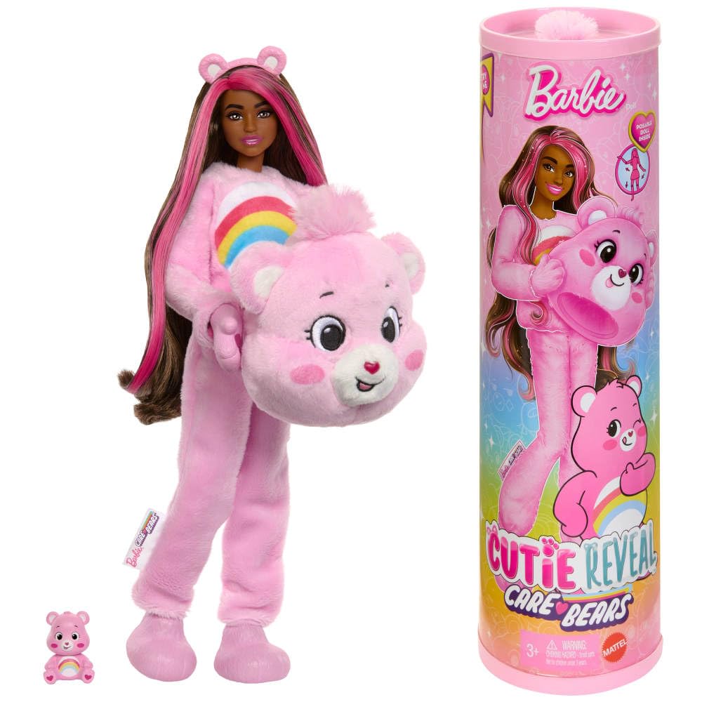 Barbie Cutie Reveal Puppe und Zubehör, Care Bears Serie, Modepuppe mit Cheer Bear Kostüm und 10 Überraschungen, inklusive Farbwechsel und Mini-Bär