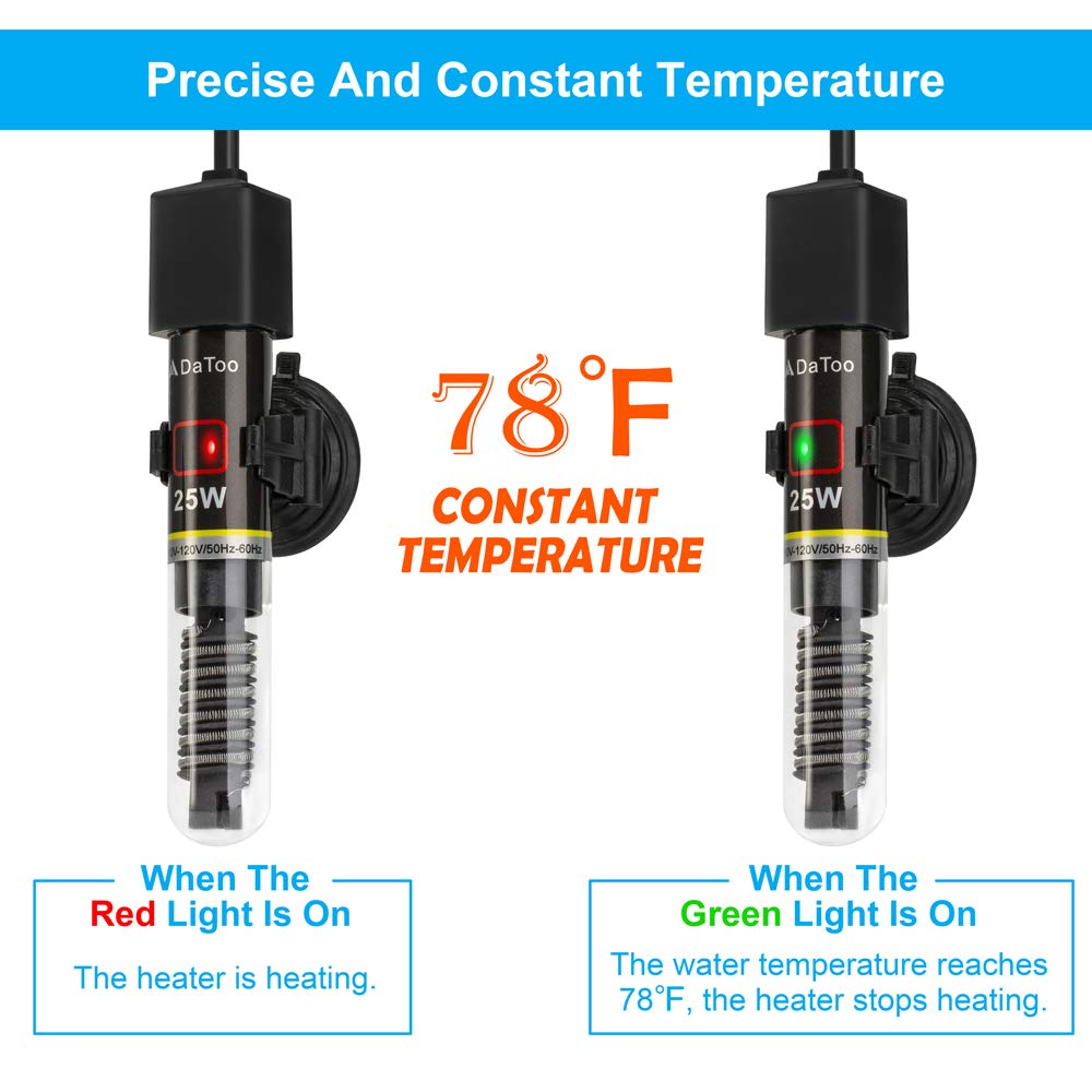DaToo Mini Aquarium Heater 25W Small Fish Tank Heater 25 Watt with Free Thermometer Sticker