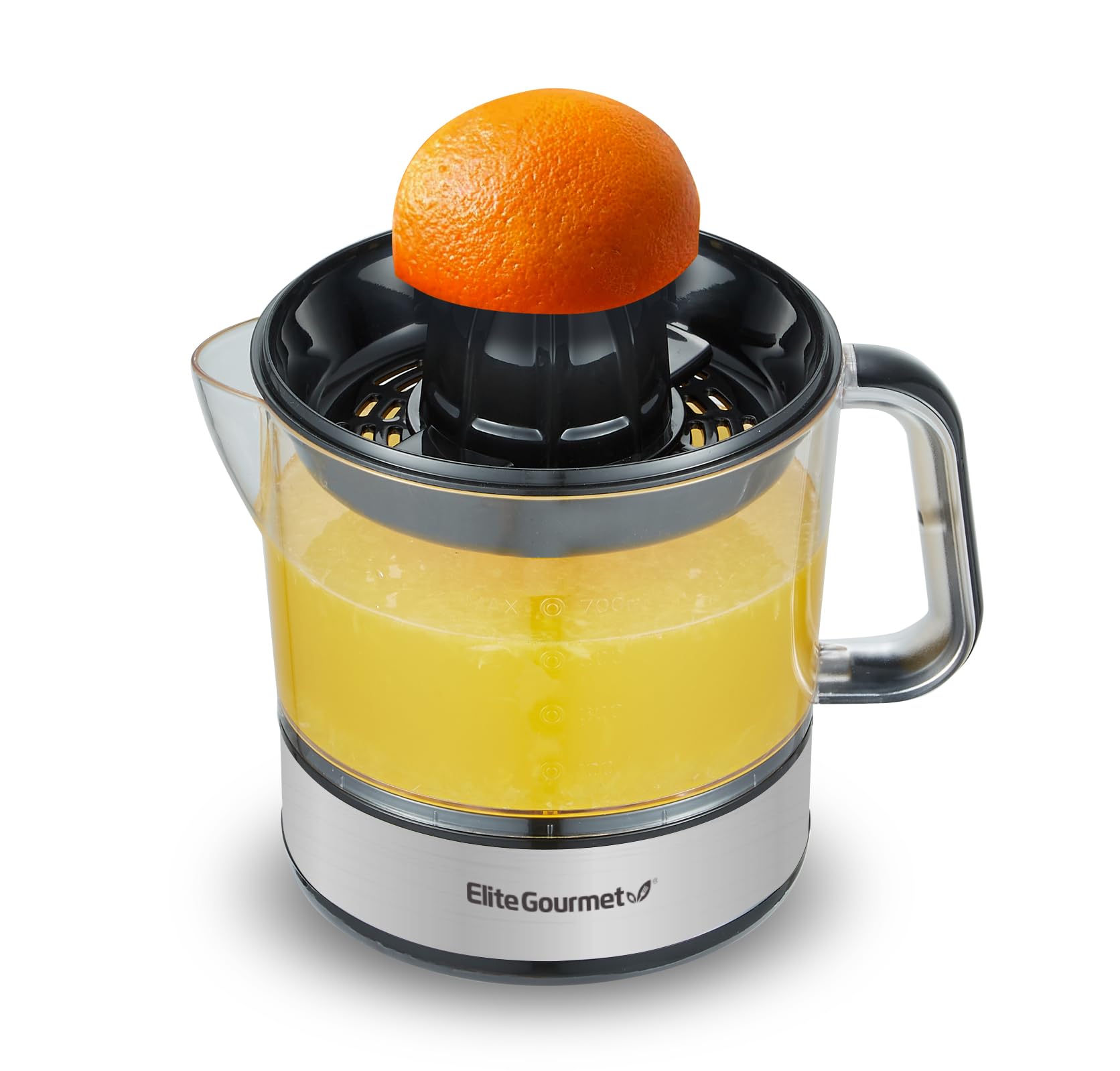 Elite Gourmet ETS623 Elektrische Zitruspresse, BPA-frei, kompakt, großes Volumen, Fruchtfleischkontrolle, für Orangen, Zitronen, Limetten, Grapefruits mit einfach ausgießbarem Ausguss, 710 ml, Schwarz/Edelstahl