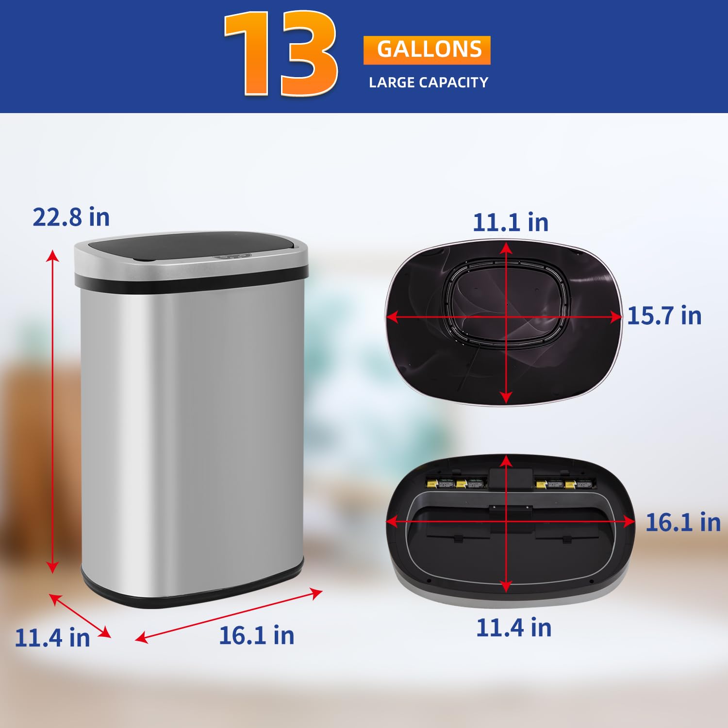 Kitchen Trash Can with Lid, 13 Gallon Automatic Garbage Can for Bathroom Bedroom Home Office 50 Liter Touch Free High-Capacity Brushed Stainless Steel Waste Bin