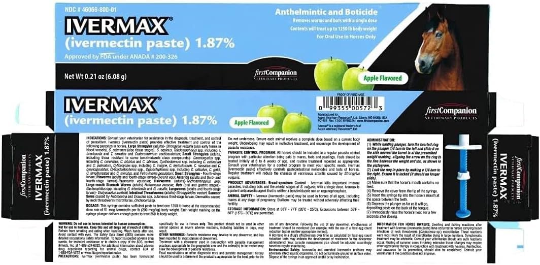 First Companion Ivermax (Ivermectin) Pferdepaste 6,08 Gramm 1 Packung, Blau