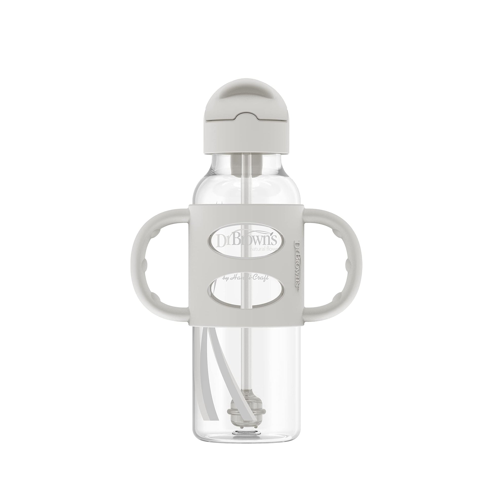 Dr. Brown's Milestones Narrow Sippy Straw Bottle, Spill-Proof with 100% Silicone Handles and Weighted Straw, 8 oz/250 mL, Gray & Blue, 6m+