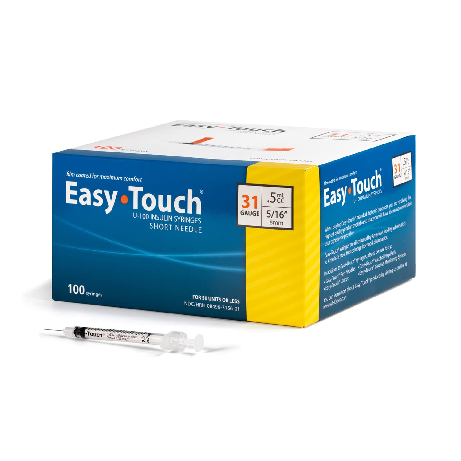 EasyTouch U-100 Insulinspritze mit Nadel, 31G 0.5cc 5/16 Zoll (8mm), Packung mit 100