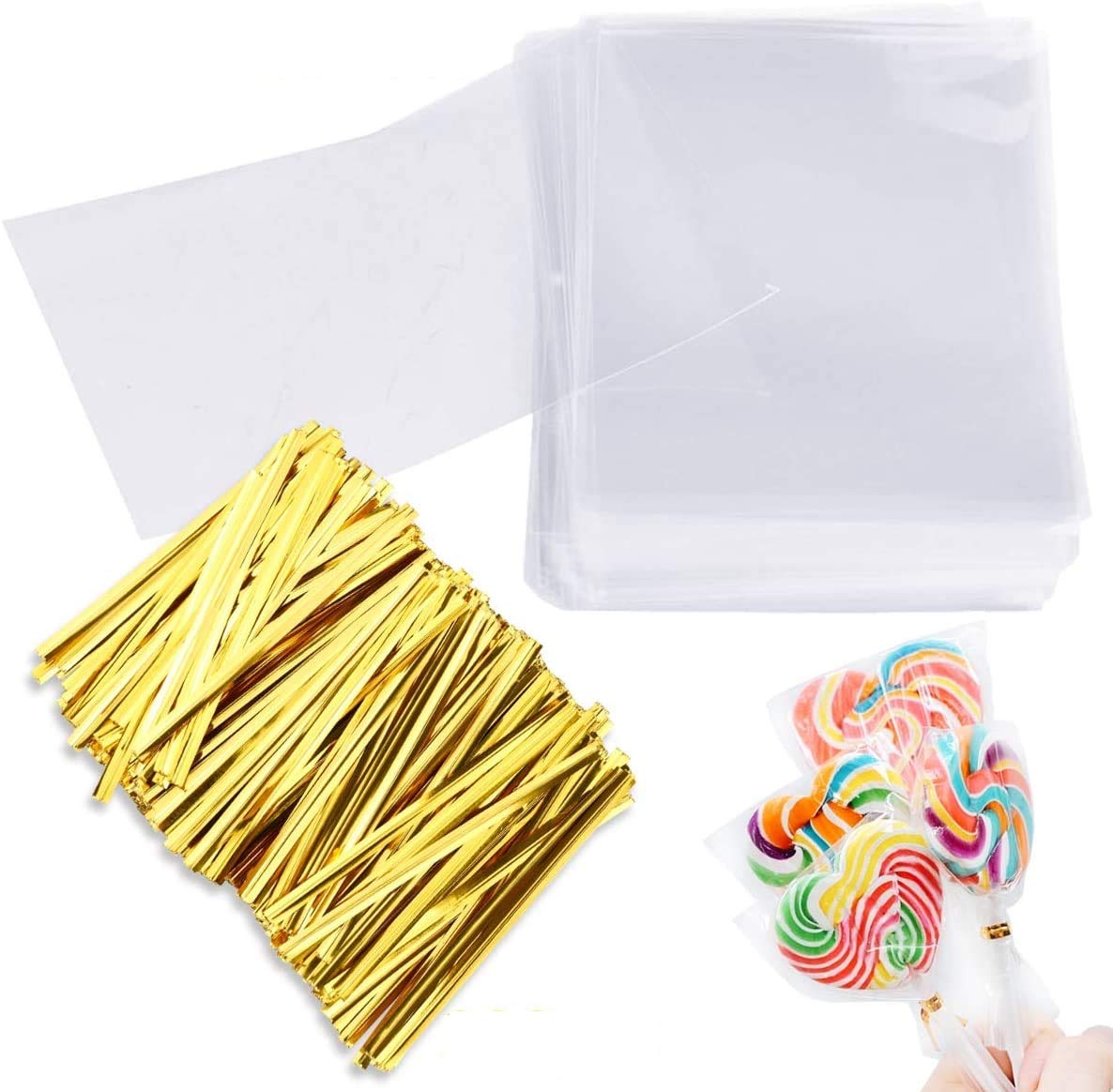 Cake Pop Bags, Augshy 300 Pcs Cellophane Treat Bags 3x5 with 300 Twist Ties 1.4 mils Thickness OPP Plastic Bags for Lollipop Candy Chocolate Cookie Wrapping Buffet