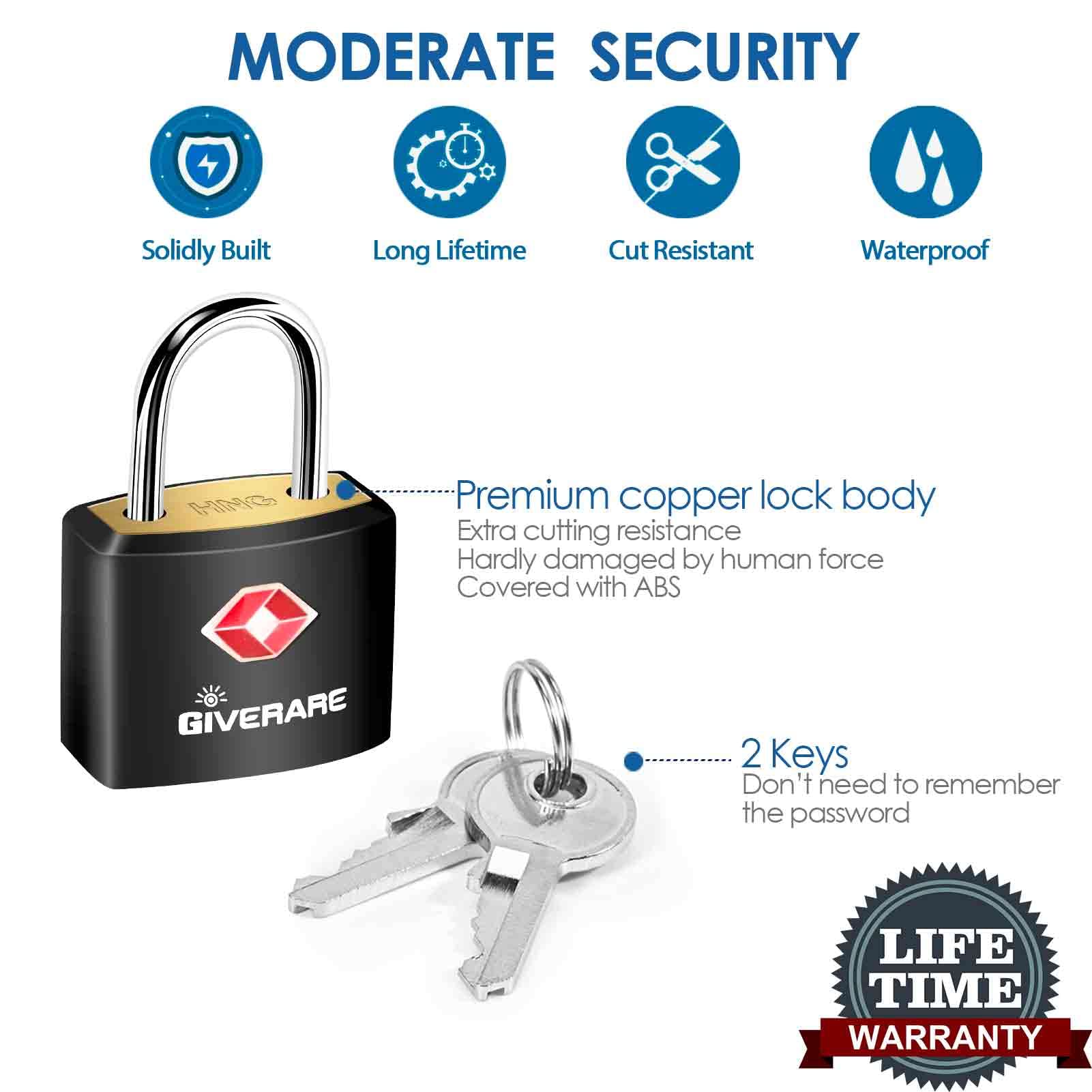 4 Pack TSA Approved Travel Luggage Locks with Keys, Solid Brass Copper Keyed Padlock, ABS Plastic Covered Small Locks for Suitcase, Backpack, Gym Locker, Jewelry Box-by GIVERARE