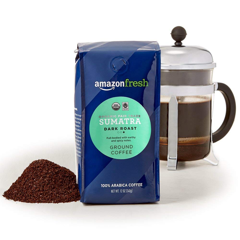 Amazon Fresh Organic Fair Trade Sumatra Ground Coffee, Dark Roast, 12 Ounce