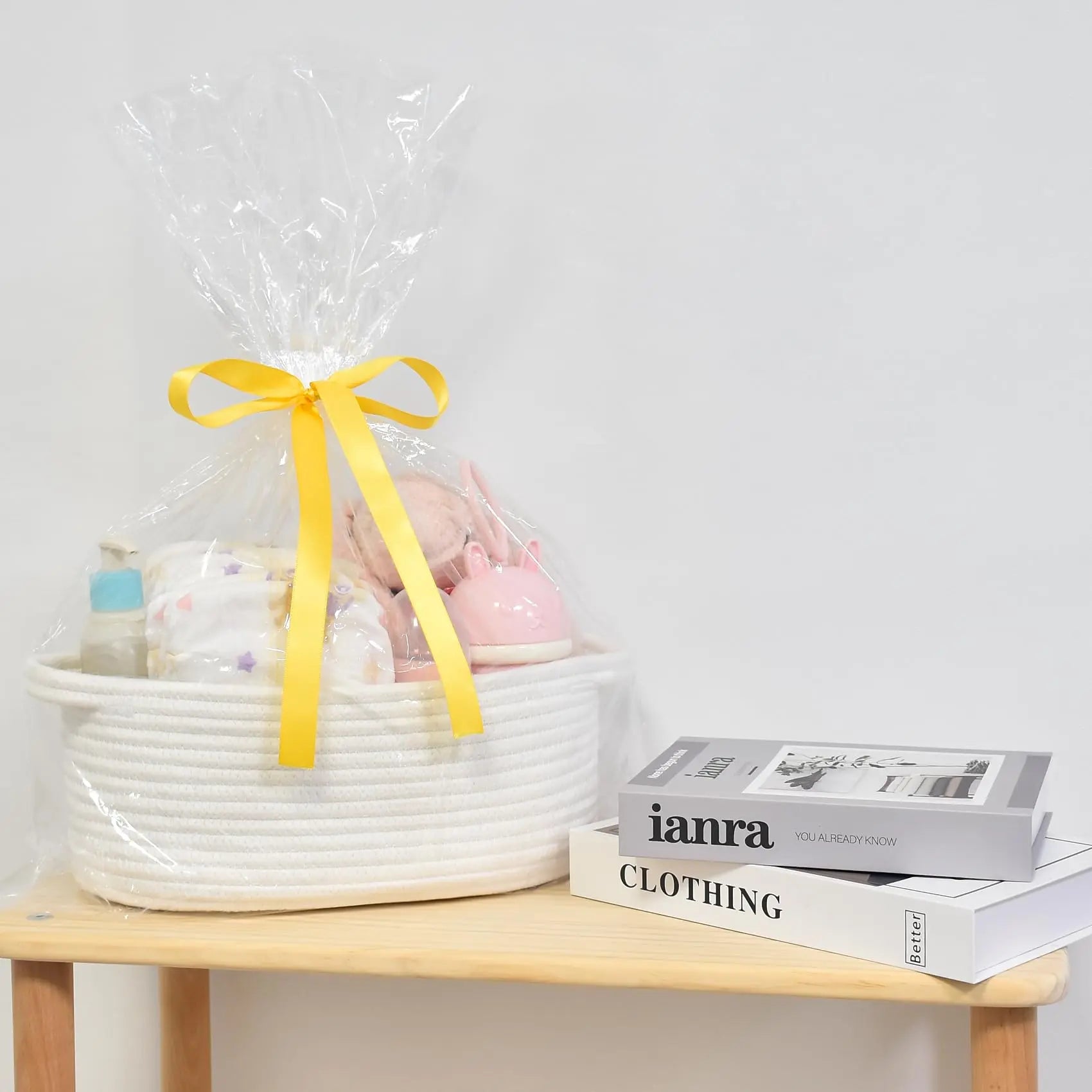 ABenkle Small Basket with Gift Bags and Ribbons, Empty Gift Baskets, Decorative Boho Rope Woven Nursery Storage Organizer Toy Baskets with Handle for Baby Showers, 12"X 8" X 5"