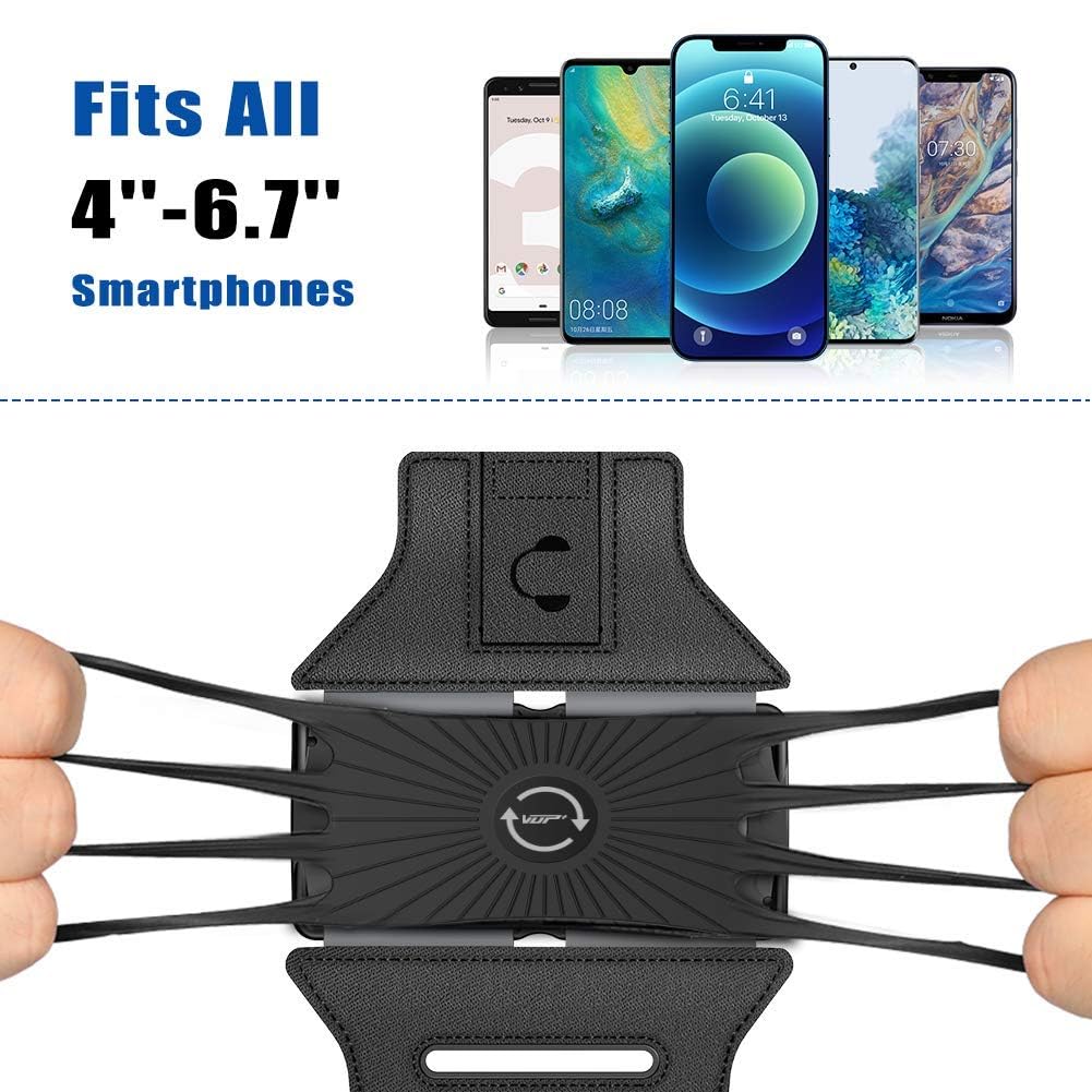 VUP Running Armband 360°Rotatable for iPhone 16/15/14/13/Pro Max/Pro/Mini/12/11/SE/Xs/XR/X/8/7/Plus, Fits All 4-6.7 Inch Smartphones, with Key Holder Phone Armband for Running Hiking Biking (Black)