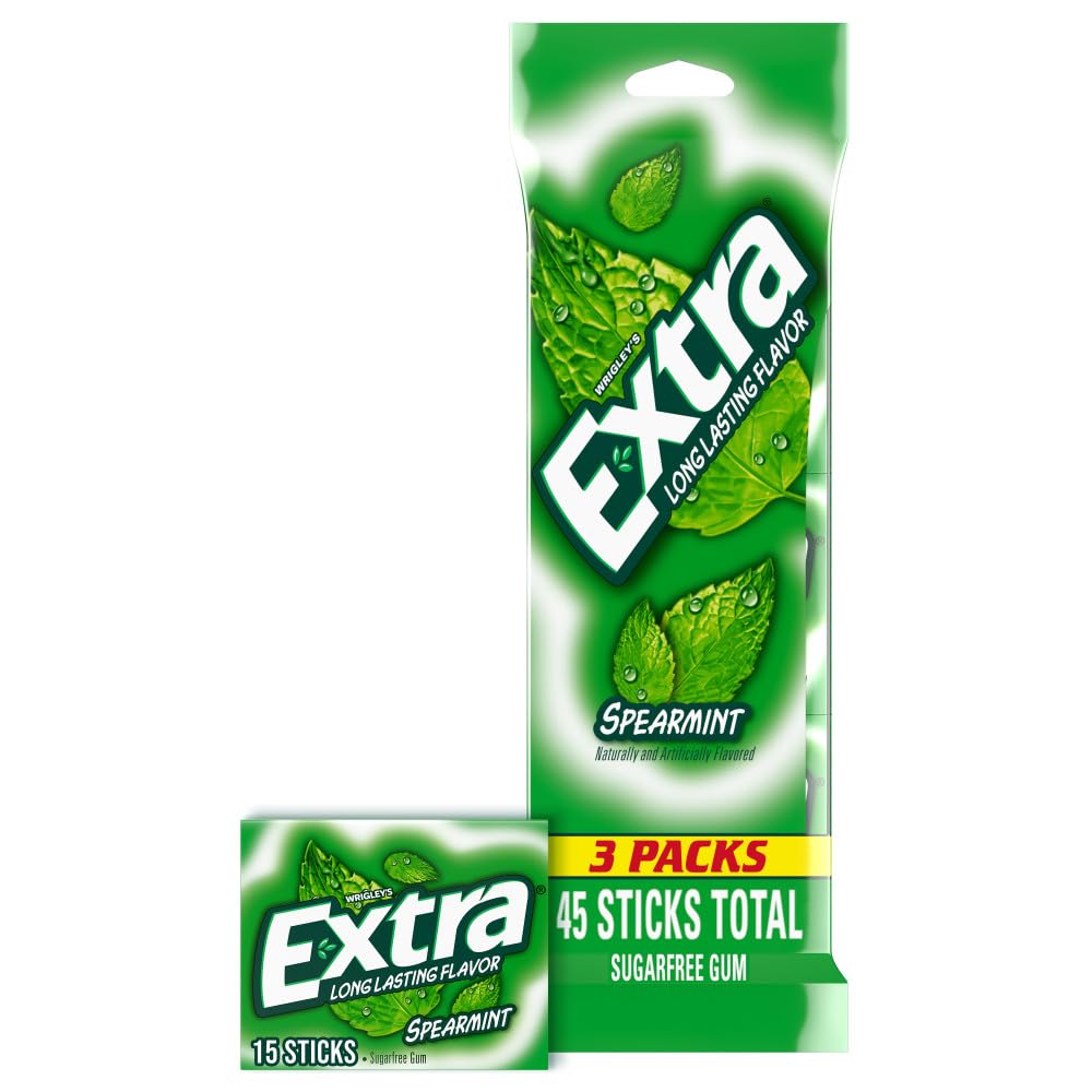 EXTRA Spearmint Zuckerfreier Kaugummi für den Schulanfang, 3er-Pack Großpackung (insgesamt 45 Sticks)