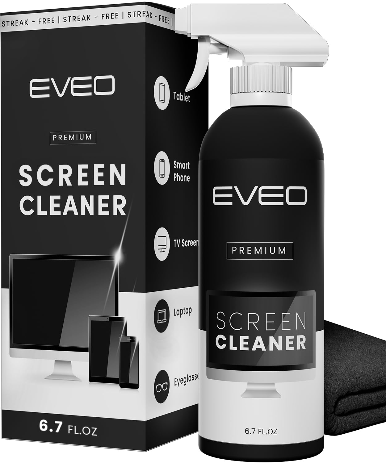 EVEO Bildschirmreiniger-Spray-Set (streifenfrei) TV-Bildschirmreiniger für Smart TV, LCD, LED, OLED | Computer-Bildschirmreiniger-Spray und Mikrofasertuch – TV, Monitor, Laptop, iPad, Auto – 200 ml 1er-Pack