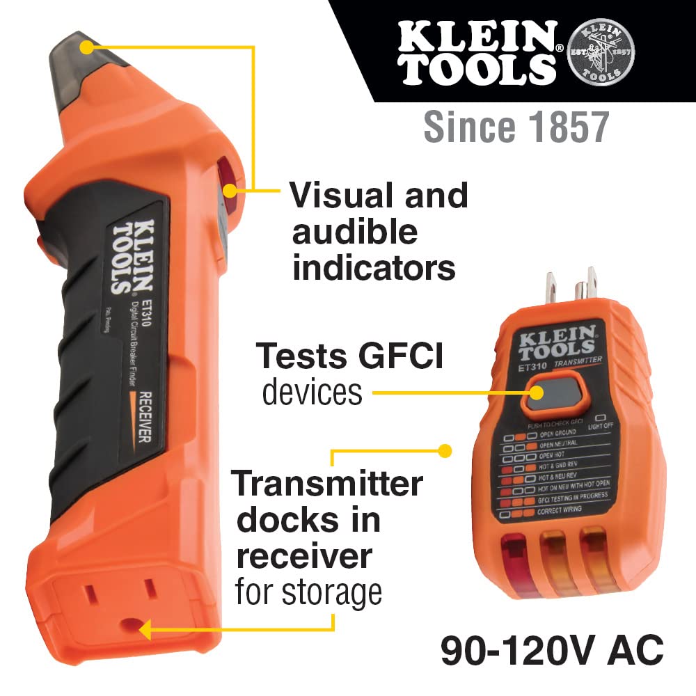 طقم العثور على قواطع الدائرة الكهربائية AC ET310KIT من Klein Tools، جهاز اختبار كهربائي، جهاز اختبار GFCI، أسلاك توصيل، محولات وحافظة