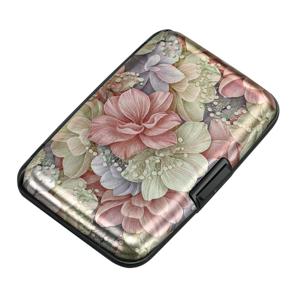 ELFISH Mini RFID Aluminium Geldbörse Kreditkartenhalter Visitenkartenetui Metall Ausweishülle für Männer und Frauen (Happy Flower