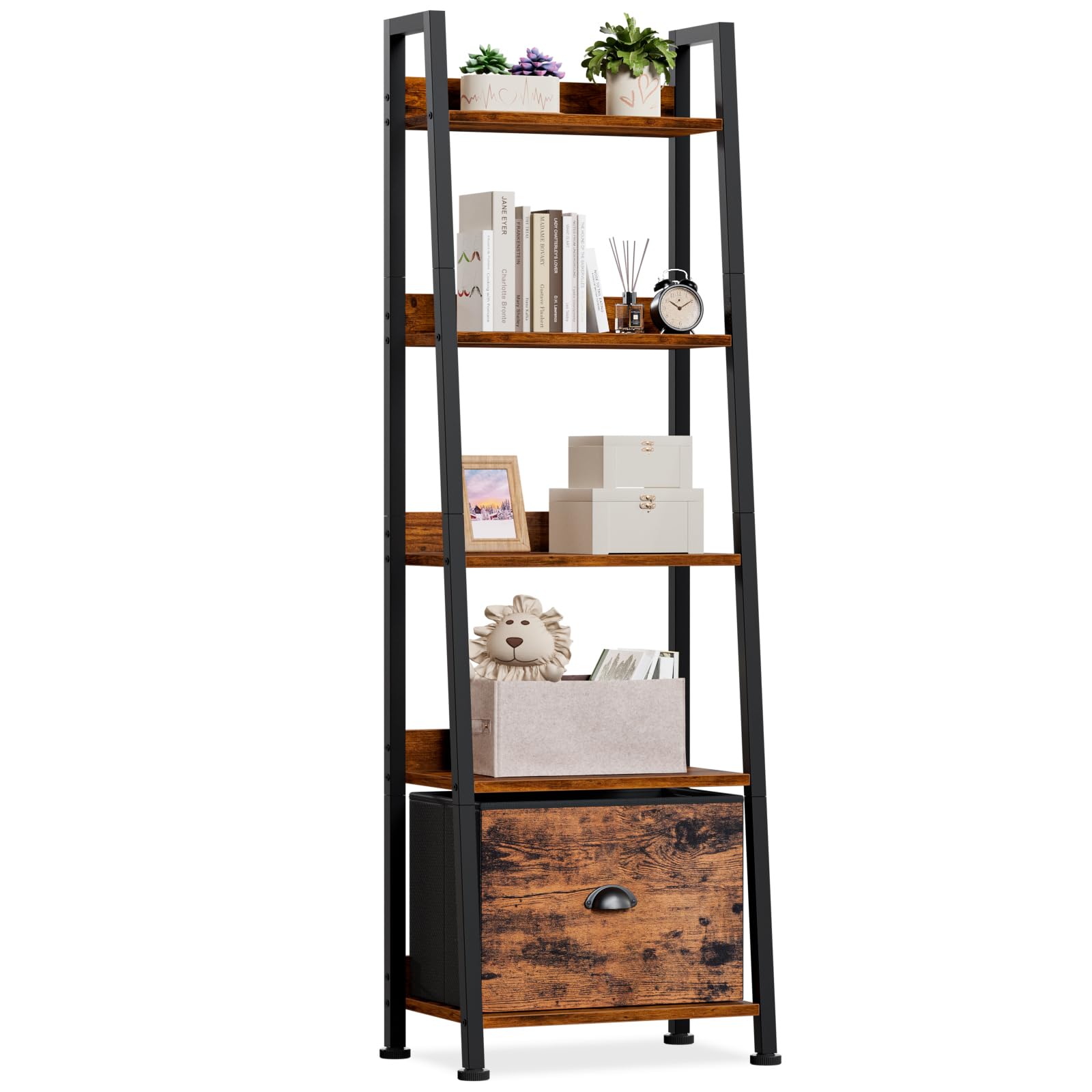 Furologee 5-stöckiges Leiterregal, Leiter-Bücherregal mit herausnehmbarer Schublade, rustikales Bücherregal-Aufbewahrungsregal, Holz-Metall-Standregal für Wohnzimmer, Home Office, Schlafzimmer, Balkon