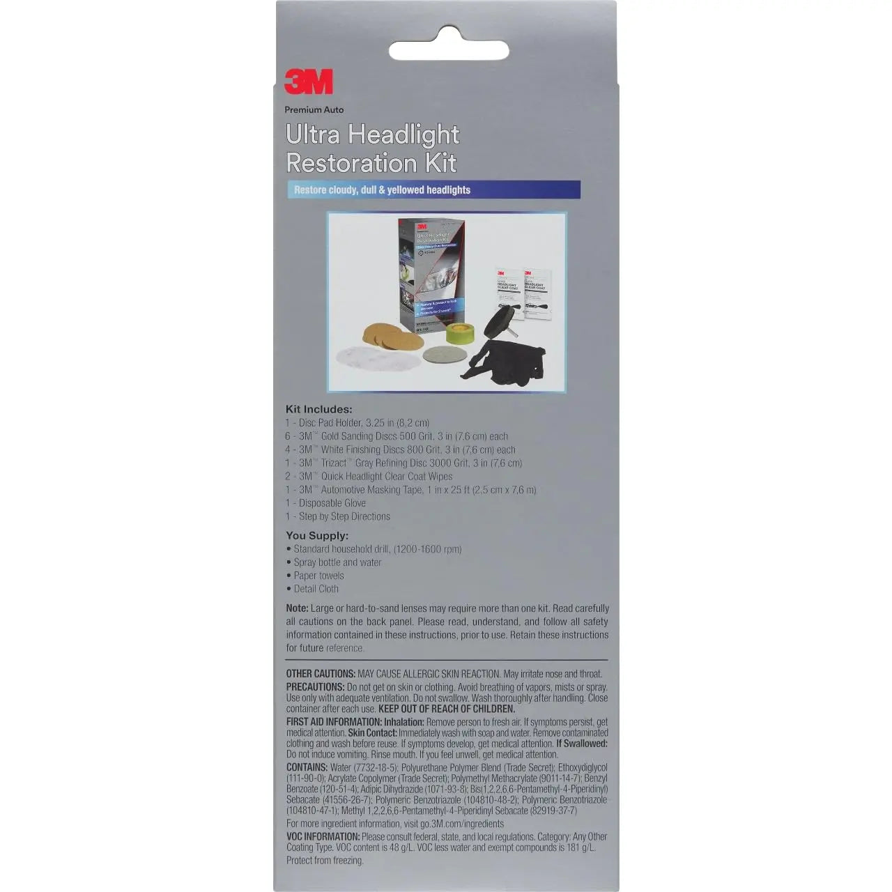 3M Ultra Headlight Restoration Kit, Contains Masking Tape, Light Sanding Discs, Wax Protectant and More, Use on Plastic Lenses Headlights, Taillights and More, Easy Heavy-Duty Restoration (39195)