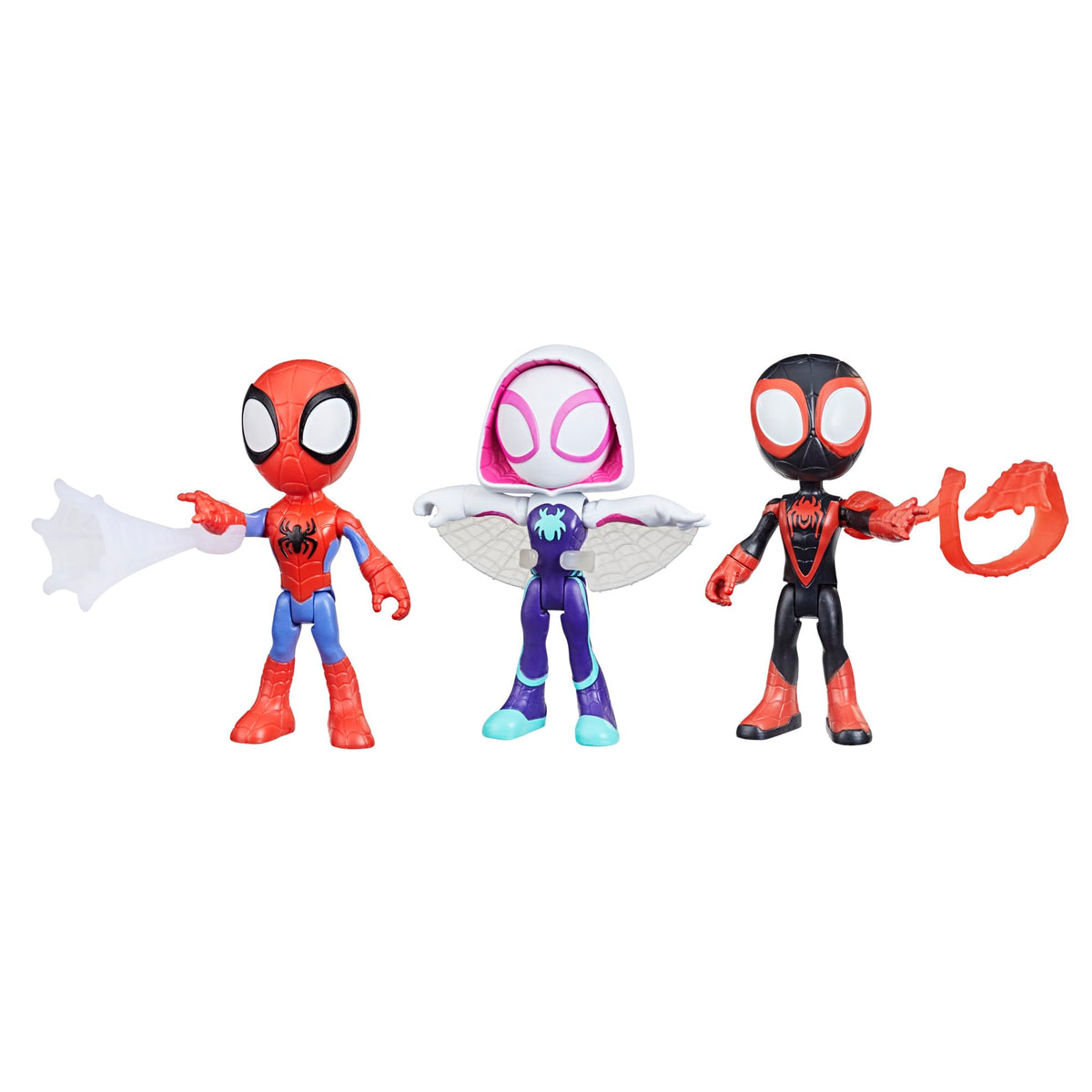 Spidey and His Amazing Friends 3er-Pack, 10 cm große Marvel Actionfiguren, Enthält 3 Figuren und 3 Zubehörteile, Spider-Man, Ghost-Spider und Miles Morales (Amazon Exklusiv)