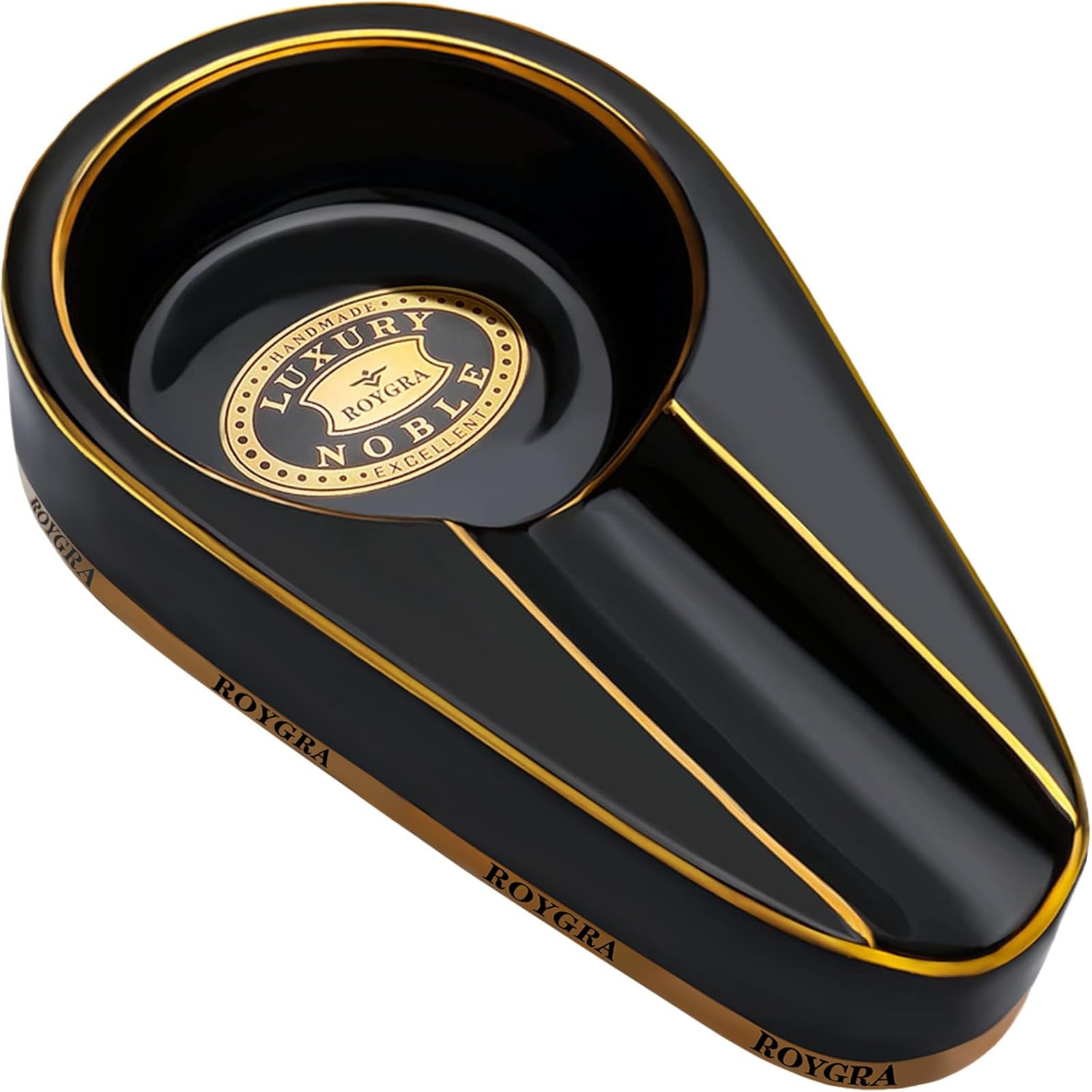 roygra Cigar Ashtray for Outside Patio, Cigar Ashtrays for Outdoors, Outdoor Ashtray with Holder, Home Decor Ashtrays, Small Handmade Gilt Ceramic Portable Travel Ash Tray, Smoking Accessories - Black