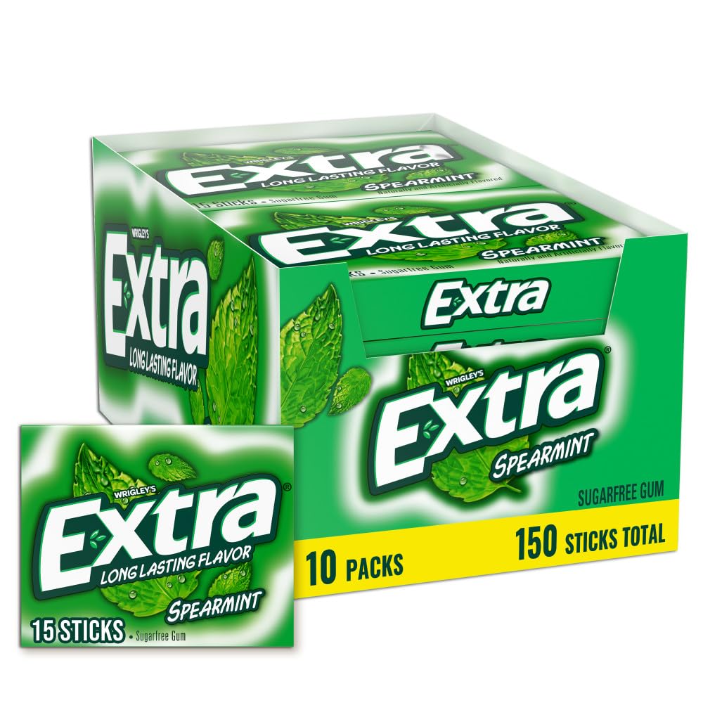 Extra Kaugummi Spearmint Zuckerfrei, einzeln verpackt, perfekt für frischen Atem in der Schule, bei der Arbeit und auf Reisen, 15 Stück, 10er-Pack