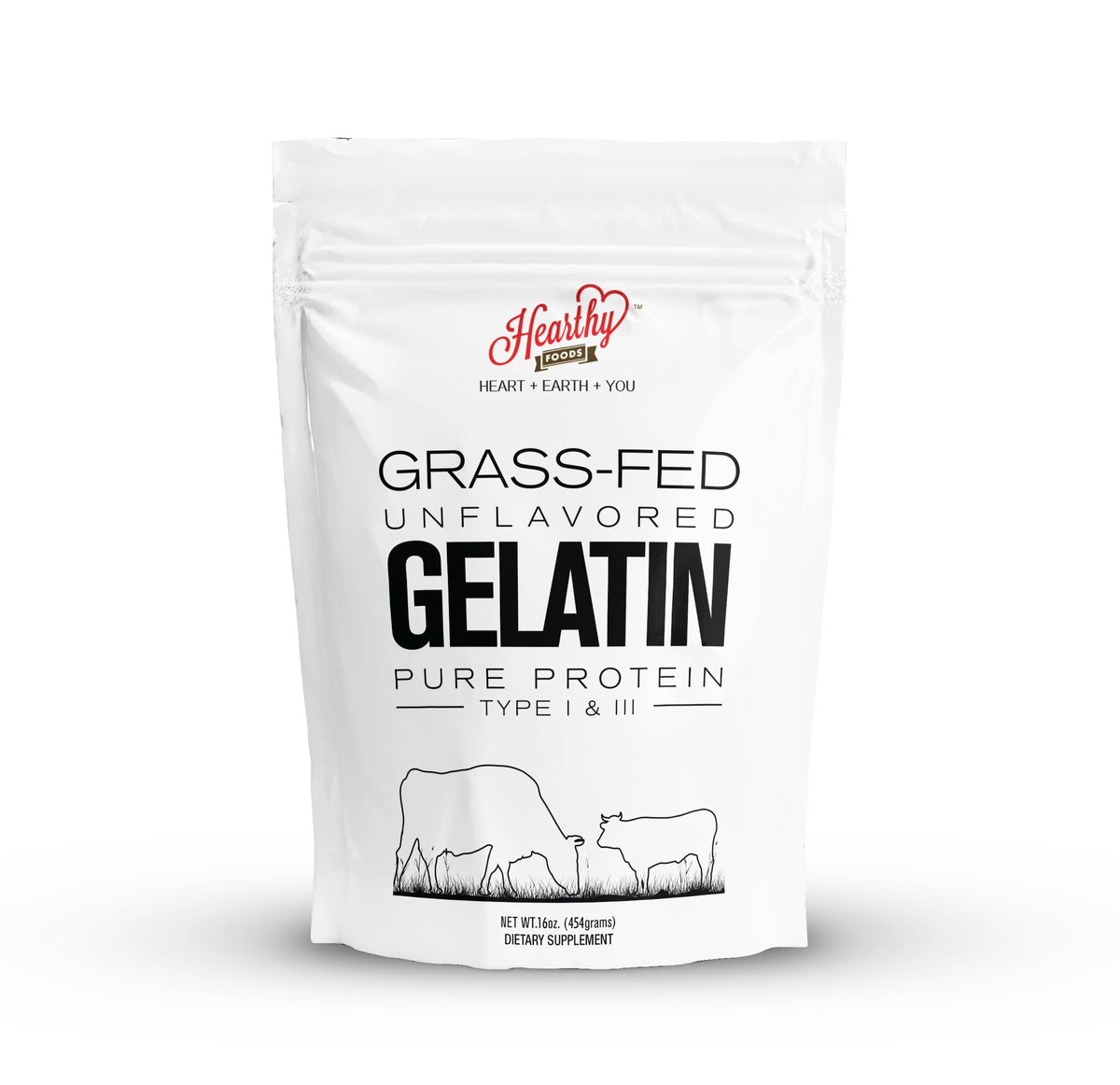 Hearthy Foods Rindergelatinepulver Ungeschmackhaftes Gelatinepulver für Frauen und Männer | Keto- und Paleo-freundliches reines Protein Typ 1 & 3, Weidehaltung, Halal-zertifiziert, gentechnikfrei, Koscheres Gelatine | 454g (16 oz.)