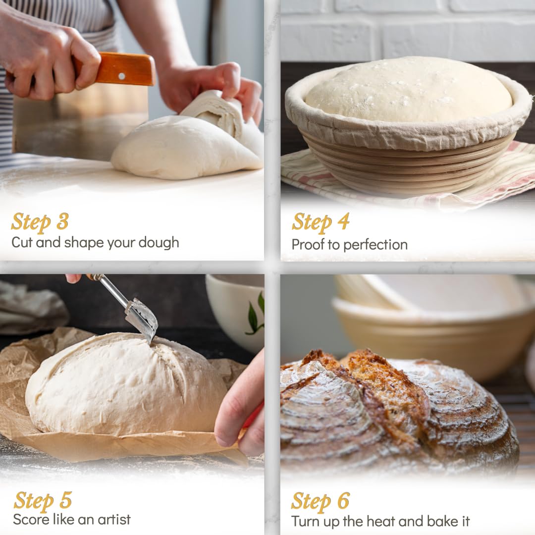 Superbaking Banneton Bread Proofing Basket, Sourdough Bread Baking Supplies, Round 9 Inch Sourdough Starter Kit, Proofing Basket for Baking, Bread Making Supplies Tools, Banneton Basket Gift Set
