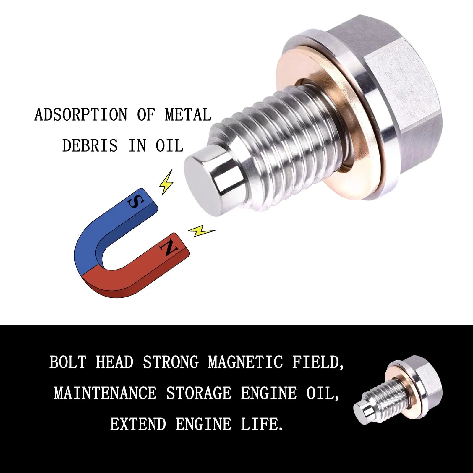 M14x1.5 Magnetic Oil Drain Plug, Magnetic Stainless Steel Oil Pan Drain Nut Bolt with 5PCS Copper Crush Washer Anti Leakage, Universal Leak-proof Replacement,Fits Most Cars,Motorcycles,Boats