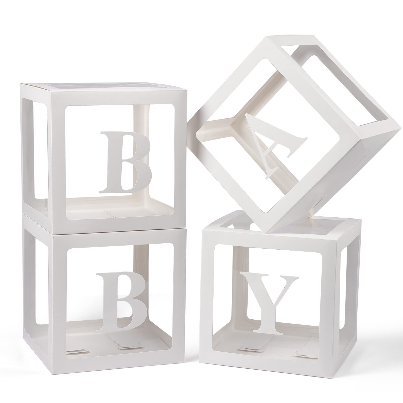 Baby Boxes with Letters for Baby Shower, 4 Transparent Balloon Boxes with Letters for Gender Reveal Birthday Wedding Baby Shower Decorations (White)