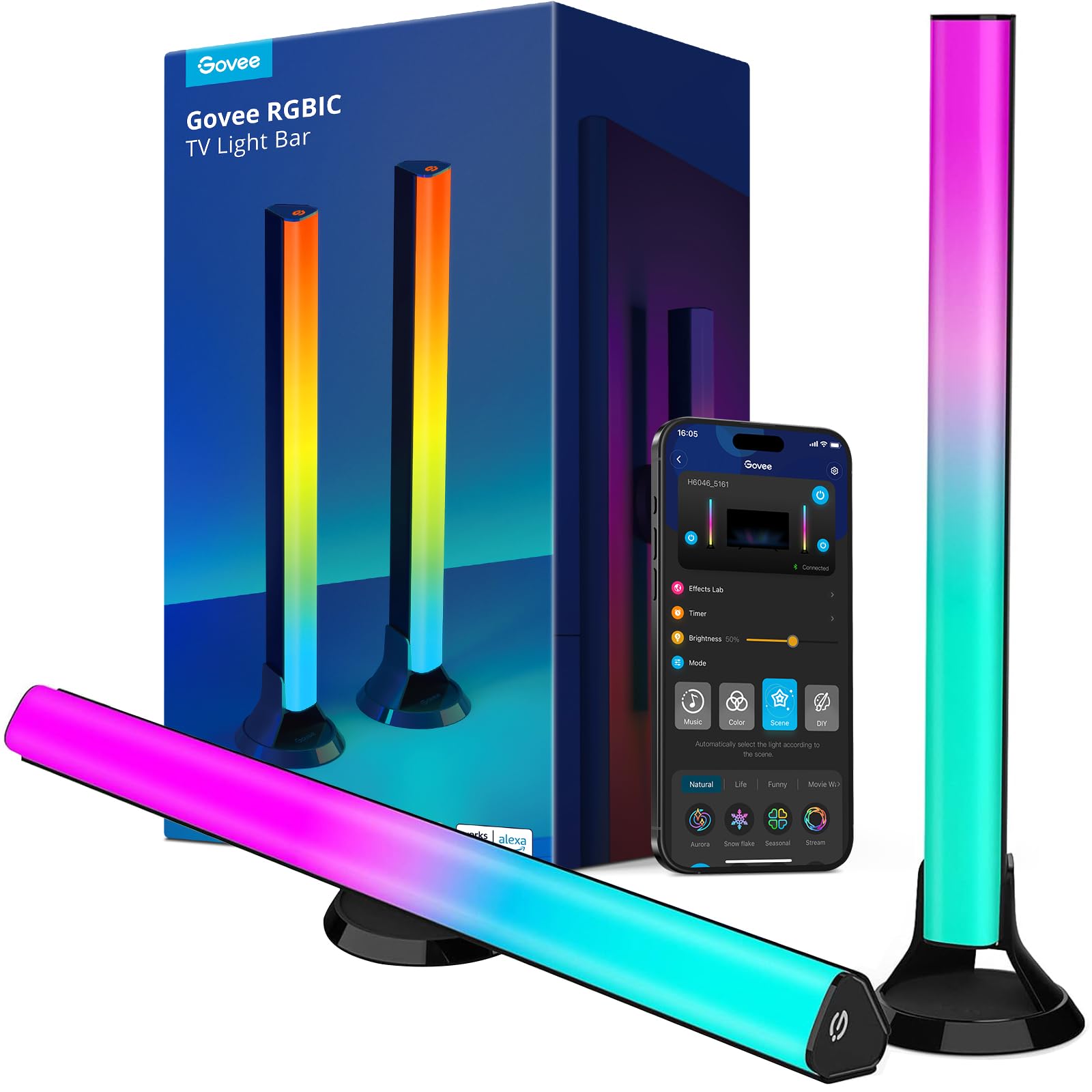 Govee RGBIC Light Bars, 15 Inches WiFi TV Backlight Suitable for 45-70 inch TVs, Smart Light Bars with Multiple Placement Options, Work with Alexa and Google Assistant, Black