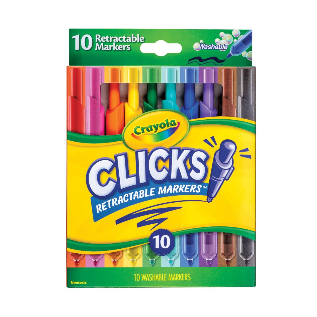 Crayola Clicks Marker-Set mit einziehbarer Spitze für Kinder (10 Stück), Lehrerbedarf, langlebige Marker für die Schule, trocknet nicht aus, unverzichtbar für Malbücher, ab 6 Jahren