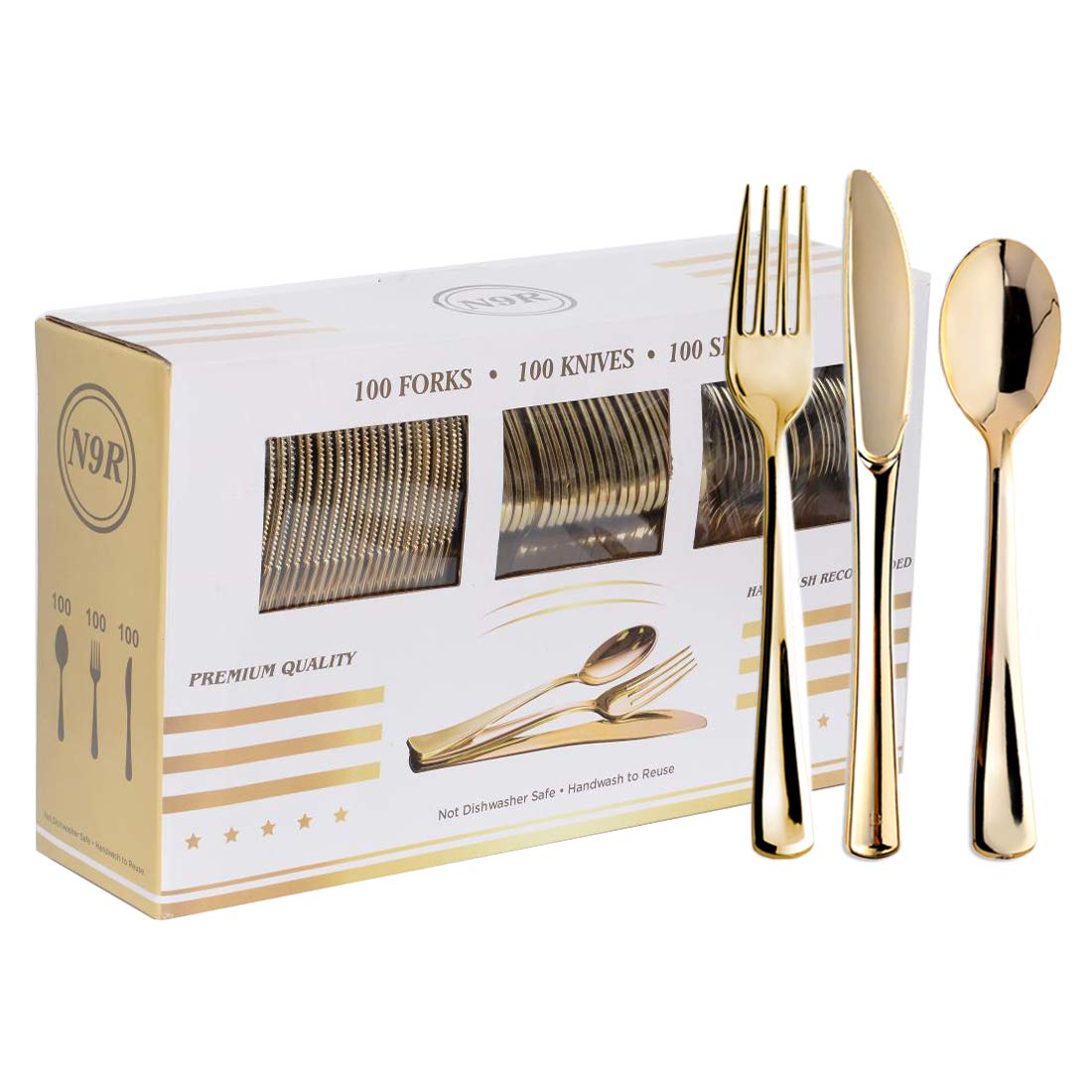 N9R 300 Stück goldenes Plastikbesteck, strapazierfähiges goldenes Plastikbesteck-Set, Einweg-Geschirr, 100 Gabeln, 100 Löffel, 100 Messer, perfekt für Partys, Hochzeiten und den täglichen Gebrauch