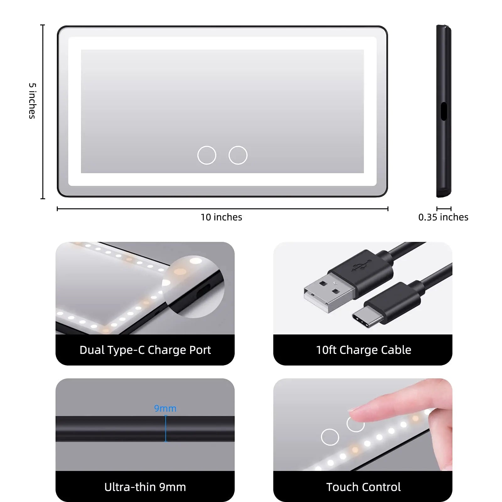 Car Sun Visor Vanity Mirror, with 3 Light Modes & 60 LEDs - Rechargeable Dimmable Clip-on Rear View Sun-Shading Cosmetic Makeup Mirror, Universal for Car SUV(Black)