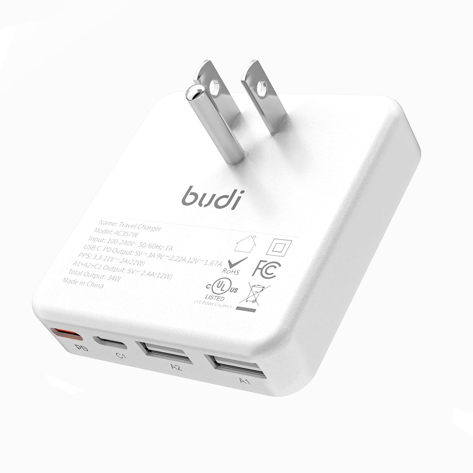 BUDI Flat USB C Wall Charger, 34W 4-Port Slim USB Wall Charger, Fast Charging Block with 20W Port Power Delivery and Dual Type-C for iPhone 16/15/14/13/12/11/Pro Max/XS/XR/8/7,Tablets