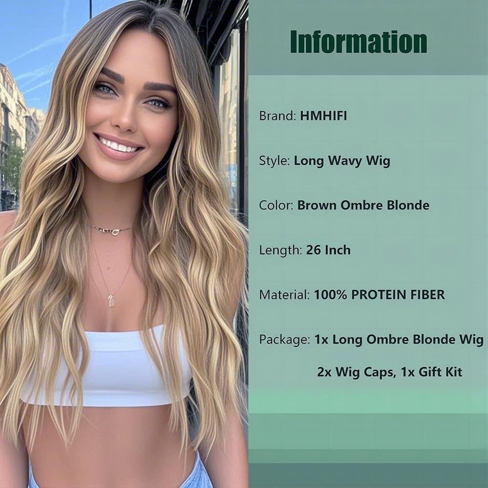 HMHIFI Long Ombre Blonde Wigs for Women 26 inch Long Wavy Middle Part Wig Ombre Blonde Wigs Upgraded Protein Fiber Hair Replacement Wig Cosplay Costume Halloween Wig(26'' Brown Ombre Blonde)