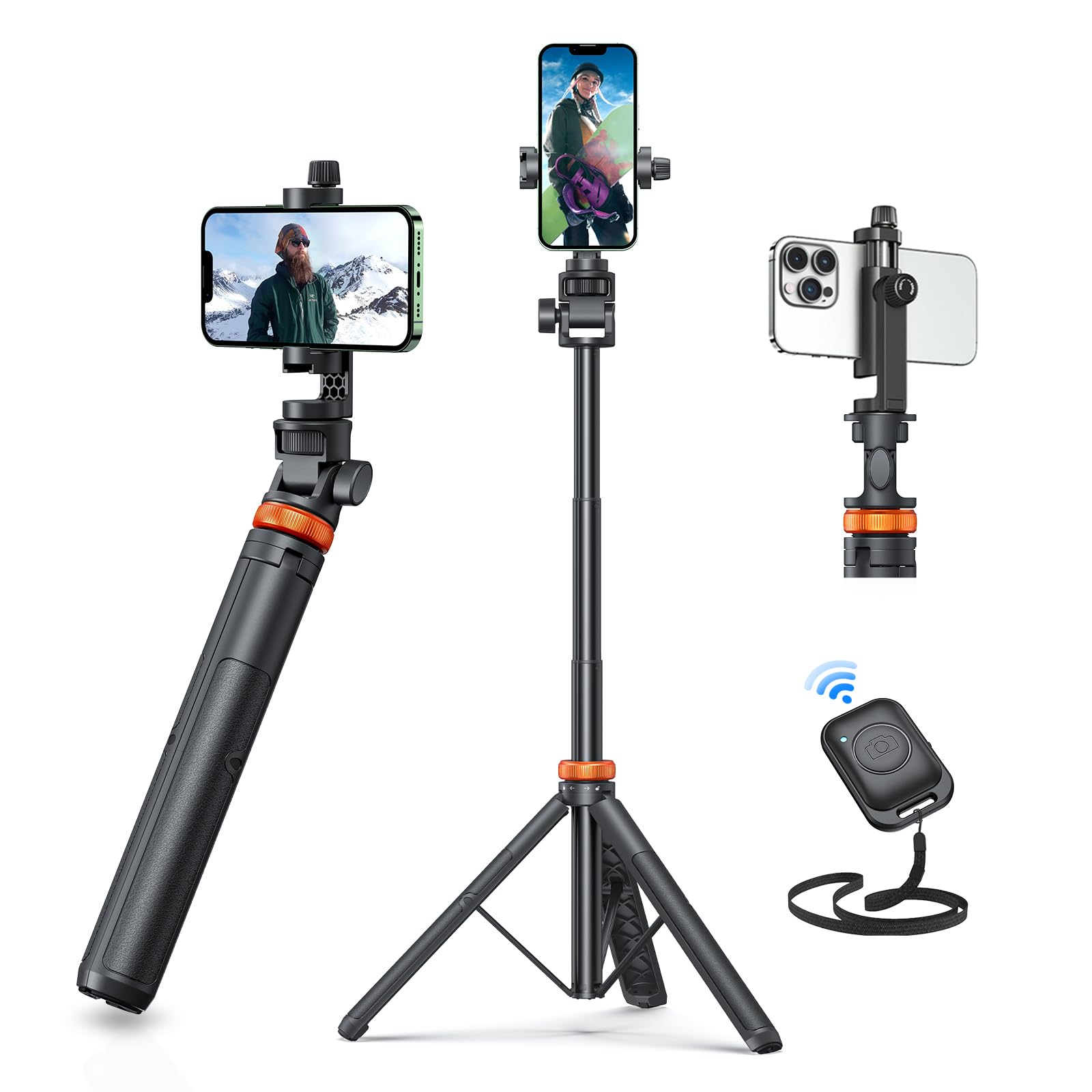 EUCOS 62" Handy-Stativ, Stativ für iPhone & Selfie-Stick-Stativ mit Fernbedienung, ausziehbares Handy-Stativ & Reisestativ, robustestes Handy-Stativ kompatibel mit iPhone/Android