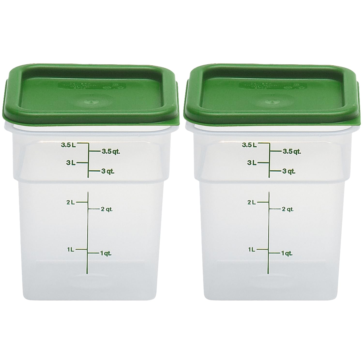 Cambro Food Storage Container with Lid (Microwave Safe and BPA-Free) - 2 Pack - Classic Series Square with Green Lid - 4 QT (Quart) - Commercial Grade for Food Prep (Translucent)