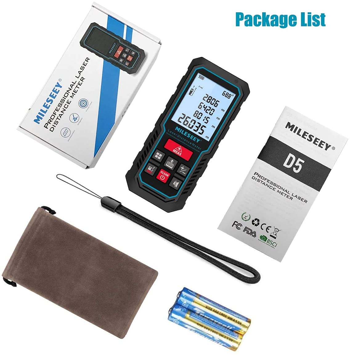 Laser Measure Device, MiLESEEY 229ft Digital Laser Tape Measure with Upgrade Electronic Angle Sensor, 2mm Accuracy, Area Measurement,Volume and Pythagoras, 2" LCD Backlit,Mute, Battery Included