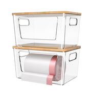 2 Pack Trash Bag Holder with Bamboo Lid, Stackable Trashbag Dispenser, Extra Large Garbage Bag Holder for Kitchen Laundry Room Under Sink Organization and Storage