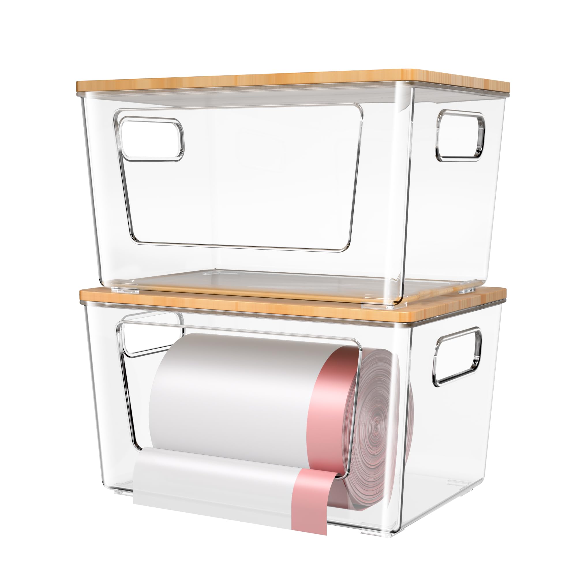 2 Pack Trash Bag Holder with Bamboo Lid, Stackable Trashbag Dispenser, Extra Large Garbage Bag Holder for Kitchen Laundry Room Under Sink Organization and Storage