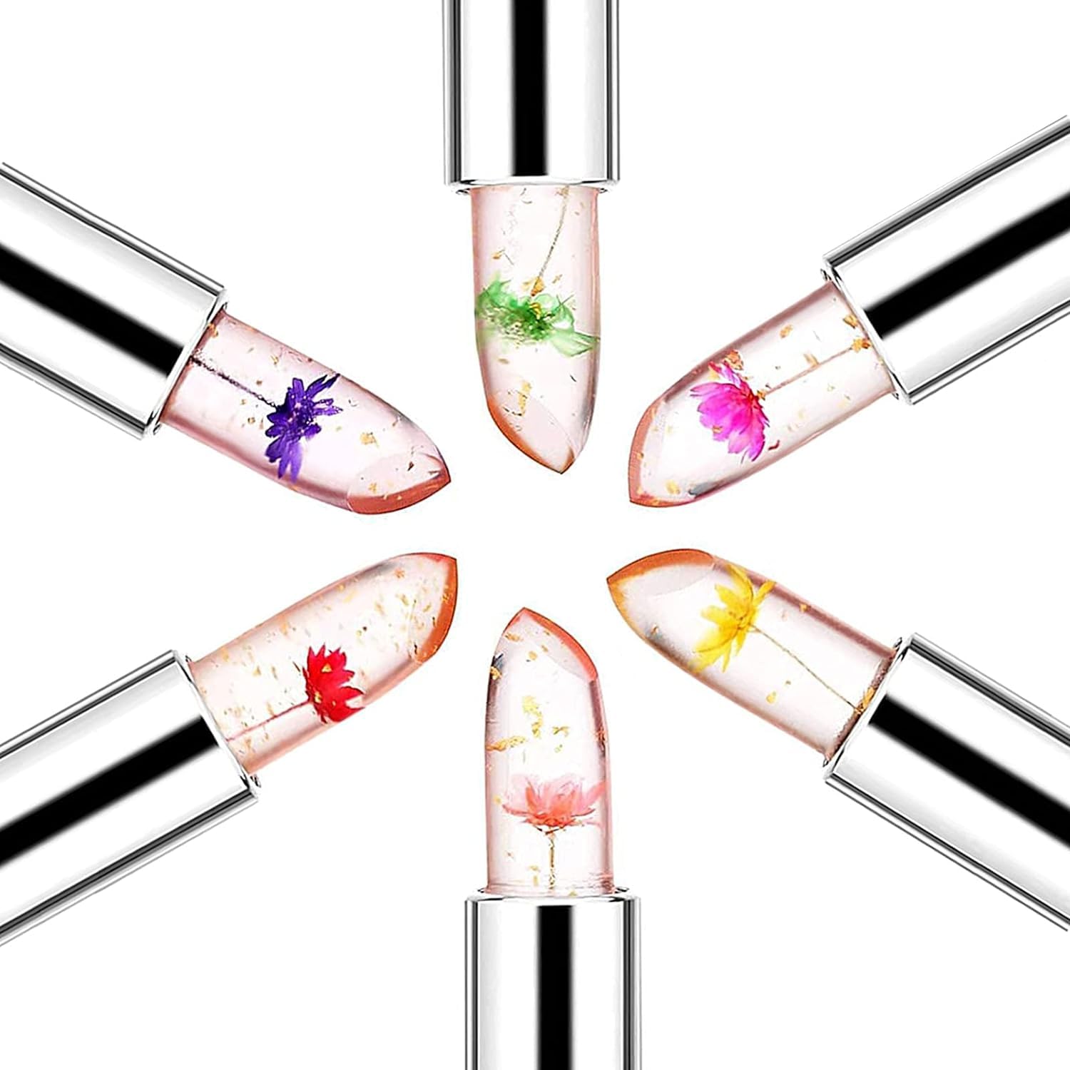 firstfly Pack of 6 Crystal Flower Jelly Lipstick, Long Lasting Nutritious Lip Balm Lips Moisturizer Magic Temperature Color Change Lip Gloss (Pink)
