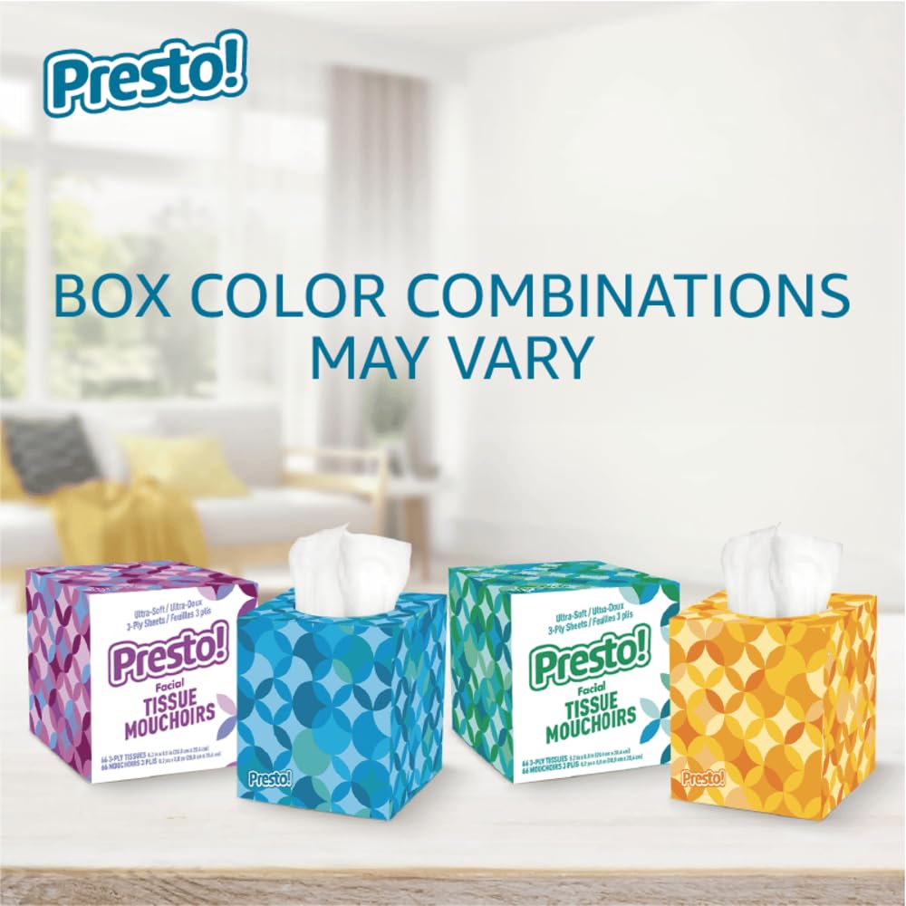 Amazon Brand - Presto! Ultra-Soft 3-Ply Premium Facial Tissues, 264 Count (4 Packs of 66), (Packaging May Vary)