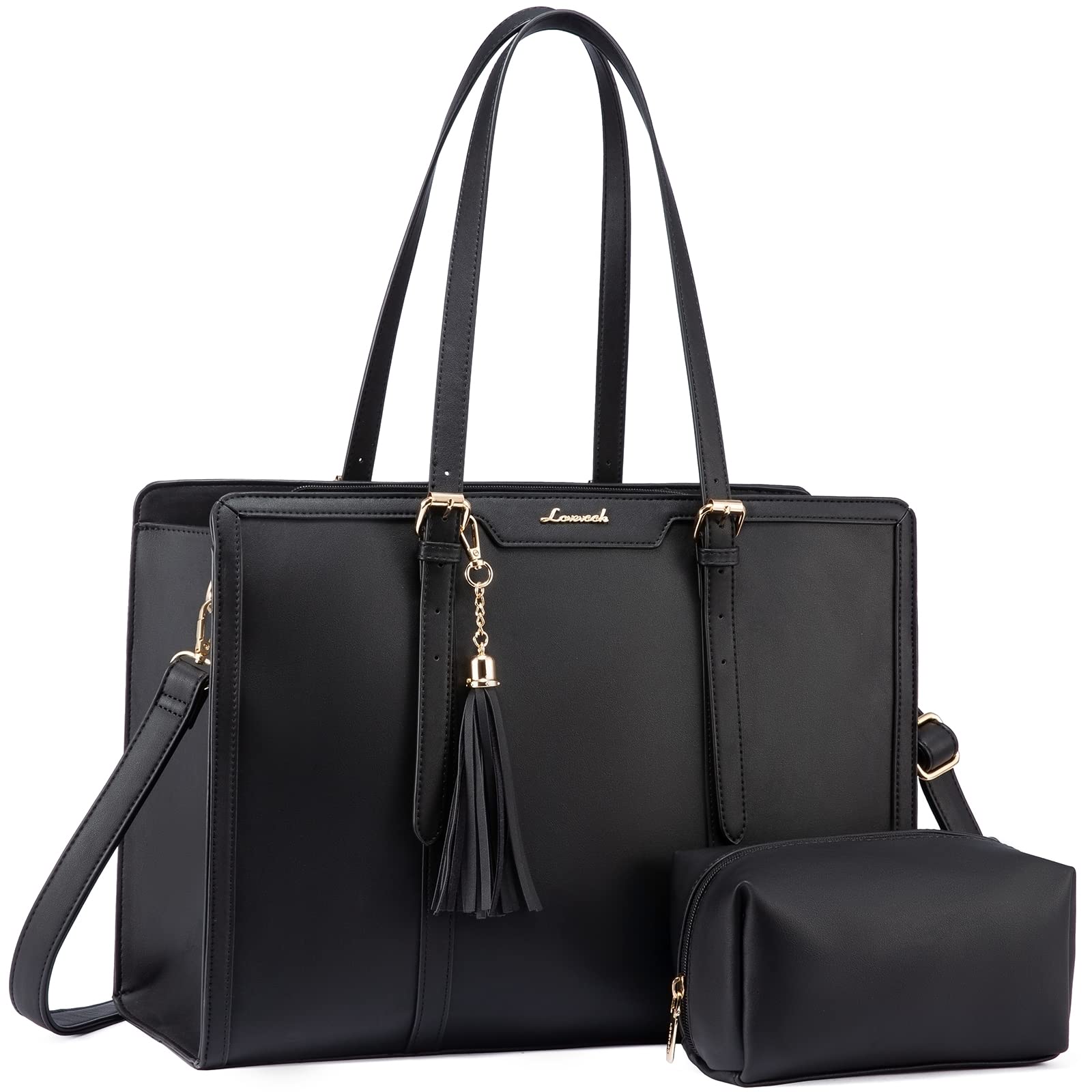 LOVEVOOK Laptop Bag for Women 15.6 inch Lightweight PU Laptop Tote Bag, Large Capacity Computer bag with Clutch Purse for Business, Work, Office, Travel, School,Casual(Black & Leather)