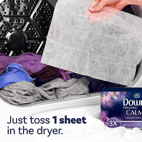 Downy Infusions Mega Dryer Sheets, Laundry Fabric Softener, CALM, Lavender and Vanilla Bean, 180 Count (3 box of 60 sheets)