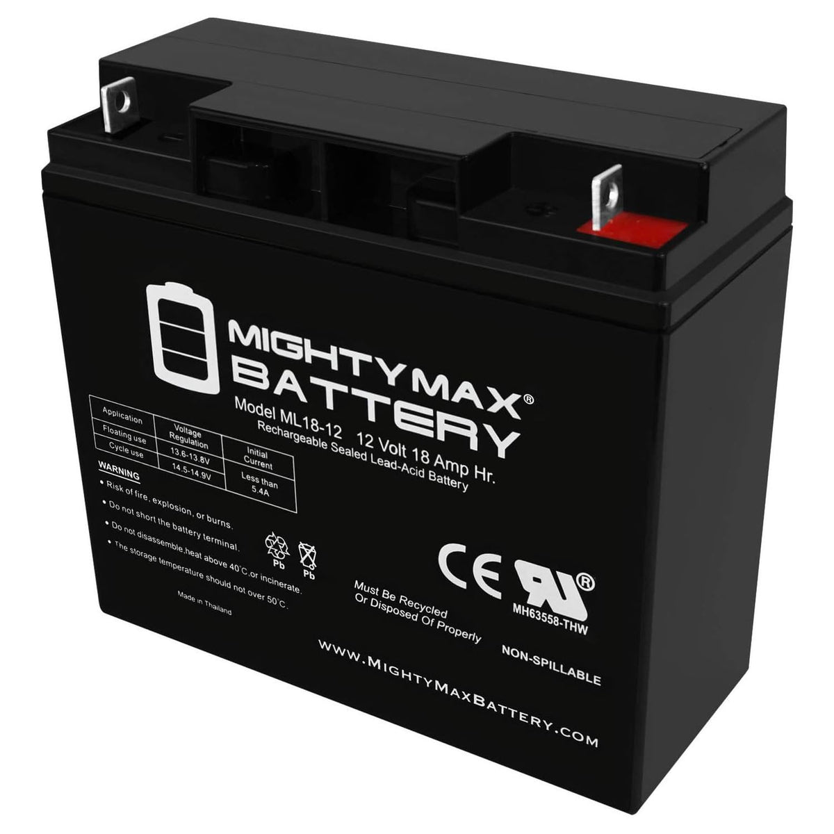 Mighty Max Battery ML18-12 – 12 Volt 18 Ah, Nut and Bolt (NB) Anschluss, wiederaufladbare SLA AGM Batterie