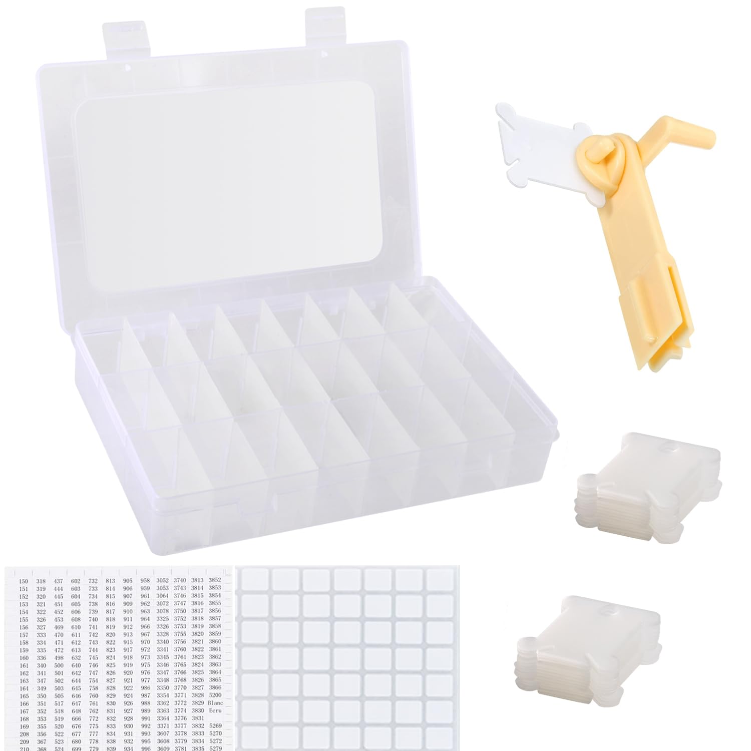Stickgarn-Organizer, Kreuzstichfaden-Aufbewahrungsbox-Werkzeuge – Spulwickler, 1 abnehmbare Box mit 24 Fächern und 40 harten Kunststoff-Spulen und Aufklebern für Bastelarbeiten, DIY-Stickerei und Nähaufbewahrung