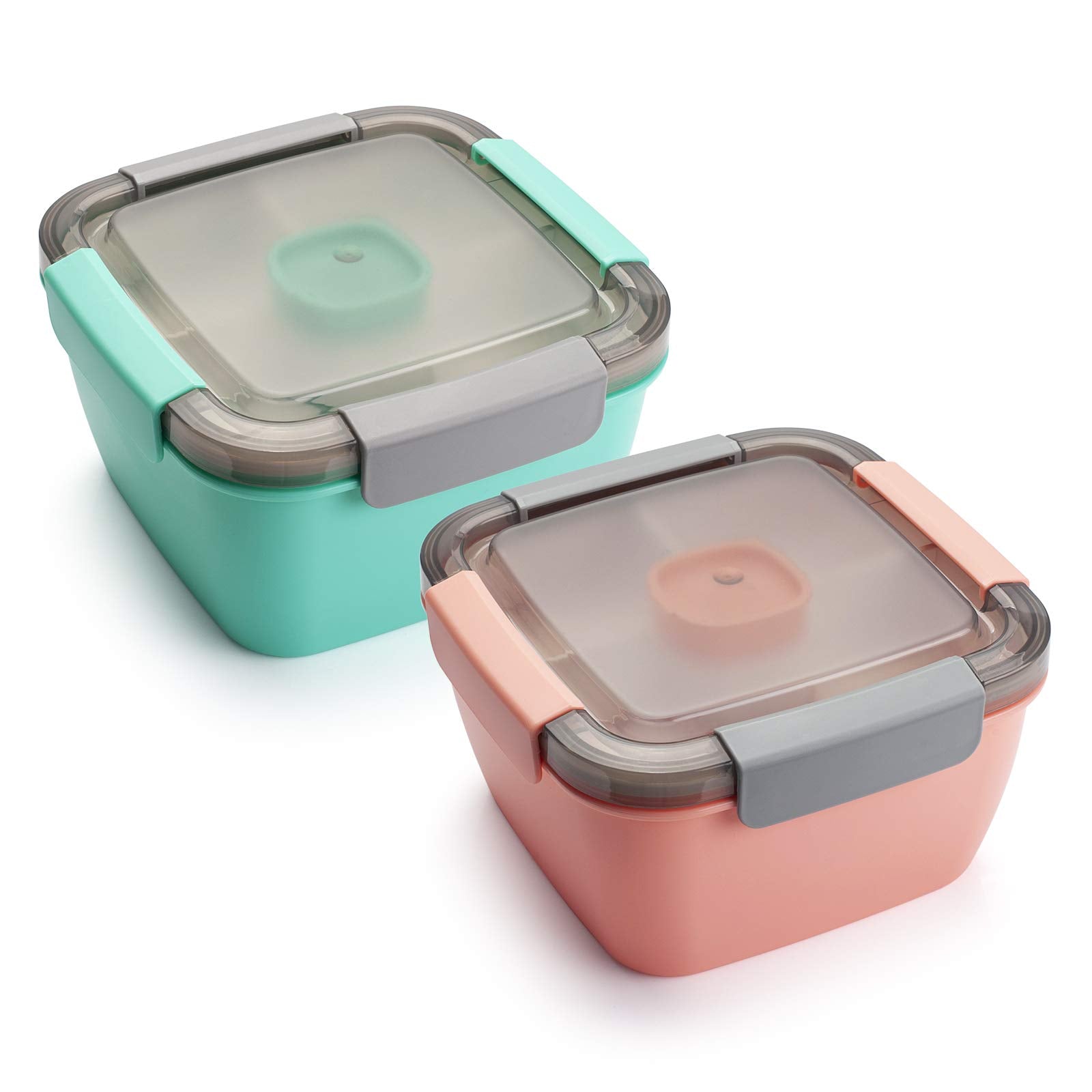 Freshmage Salatschüsseln für unterwegs, 2er-Pack 1,5-Liter-Schalen mit 3 Fächern, Dressingbehälter für Toppings, Snacks – Pink & Grün