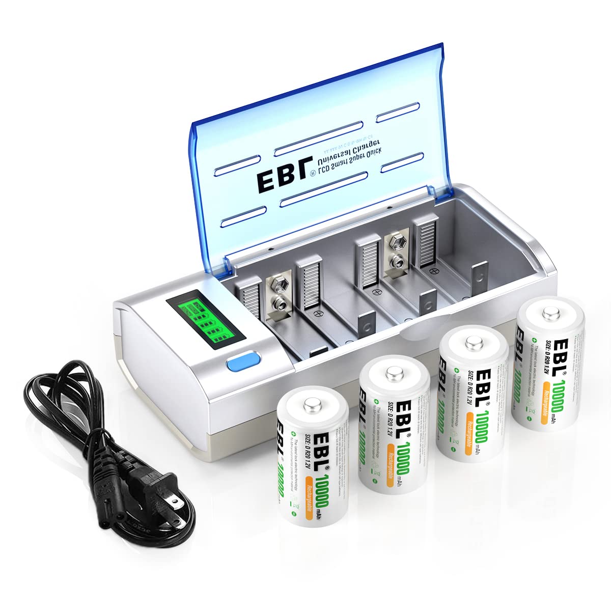 EBL D-Zellen 10000 mAh Akkus (4 Stück) mit C D 9V AA AAA Ladegerät