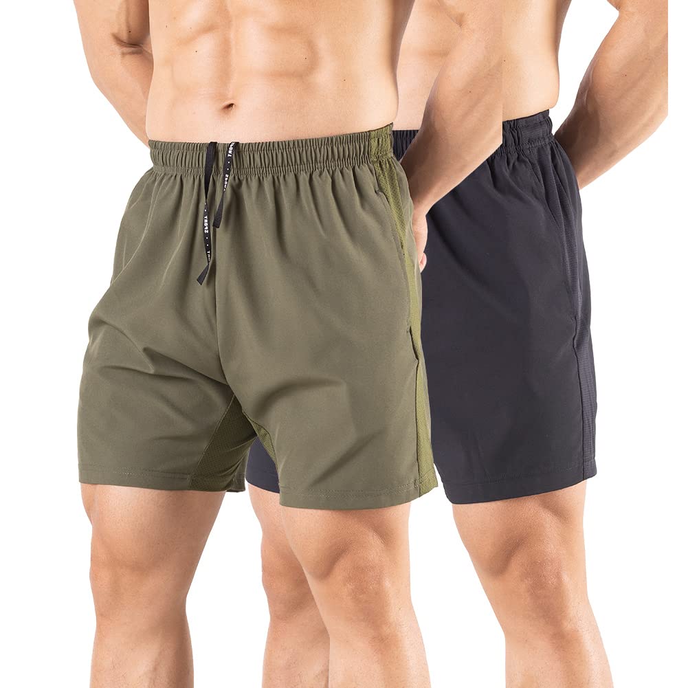Gaglg Herren 5" Laufshorts 2er-Pack Schnelltrocknende Sport-Trainingsshorts mit Reißverschlusstaschen Schwarz/Grün, Medium