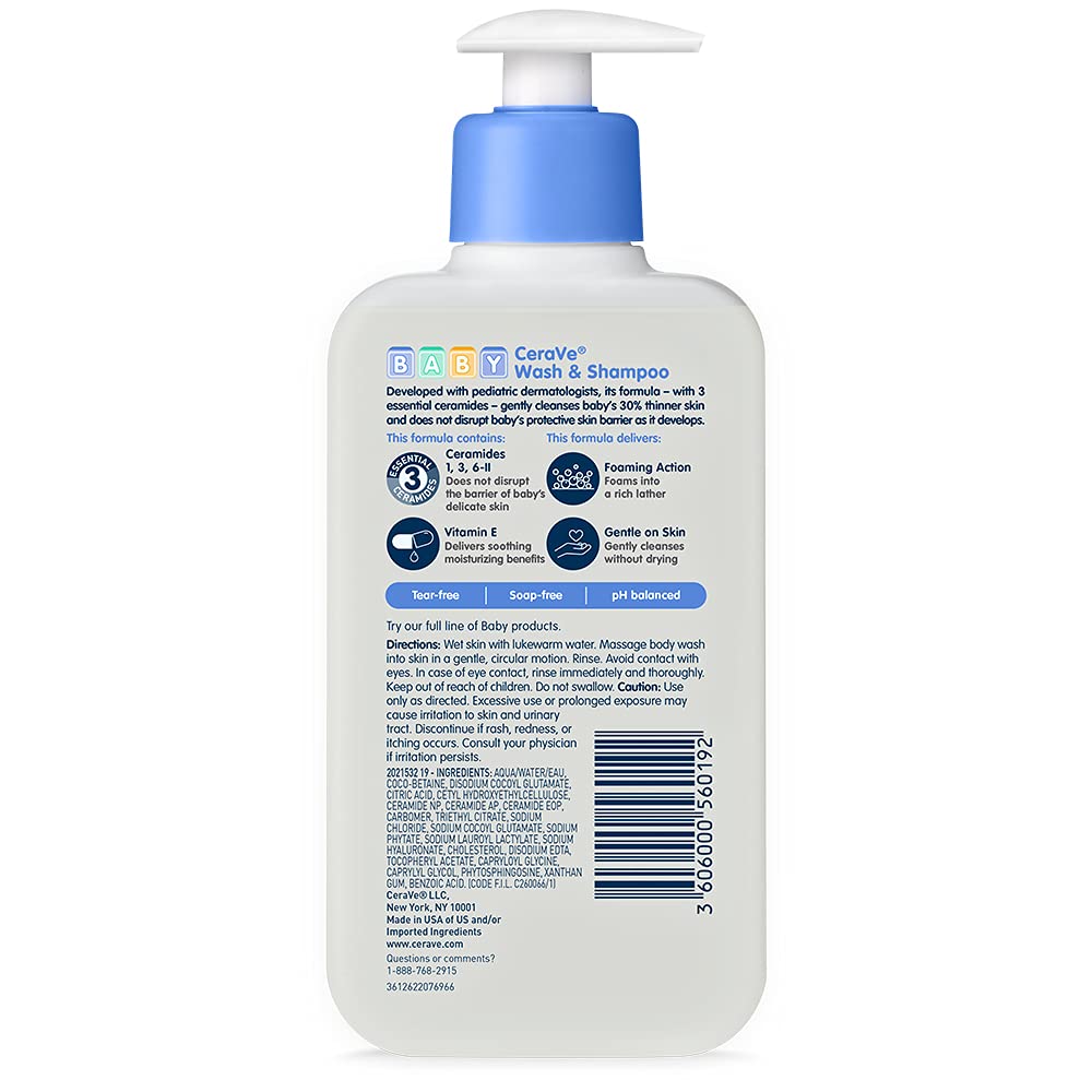CeraVe Baby Wash & Shampoo, Fragrance, Paraben, & Sulfate Free Shampoo for Tear-Free Baby Bath Time, 8 Ounce
