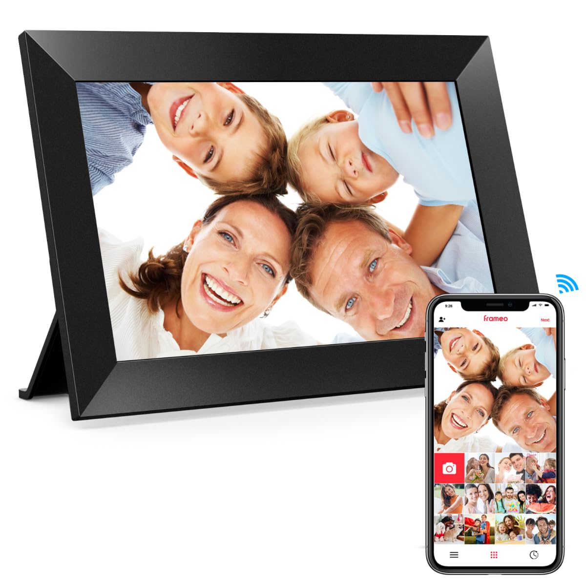 Frameo 10,1 Zoll WiFi Digitaler Bilderrahmen, 1280x800 HD IPS Touchscreen-Fotorahmen Elektronisch, 32GB Speicher, Auto-Rotate, Wandmontierbar, Fotos/Videos sofort über die Frameo App von überall teilen